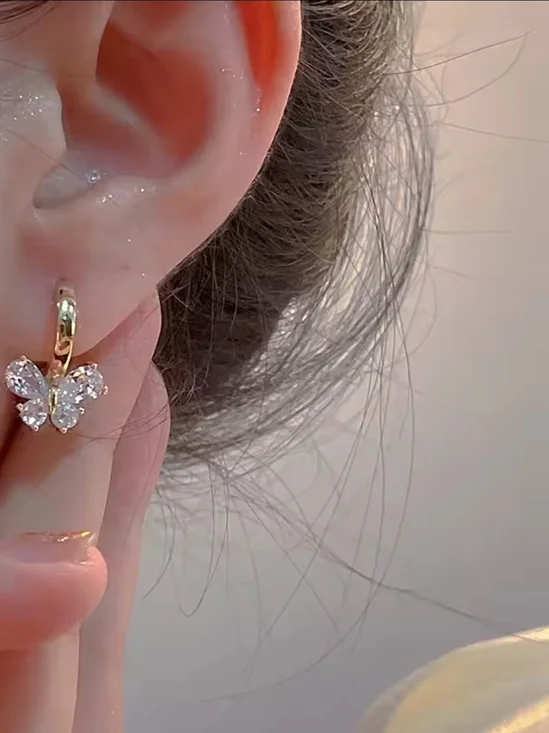 Gold Butterfly Hoop Earrings with Clear Crystals - Picture 3 of 5